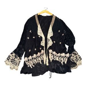 Spencer Alexis Black Lace Boho Romantic Sheer Kimono Top  Size 16